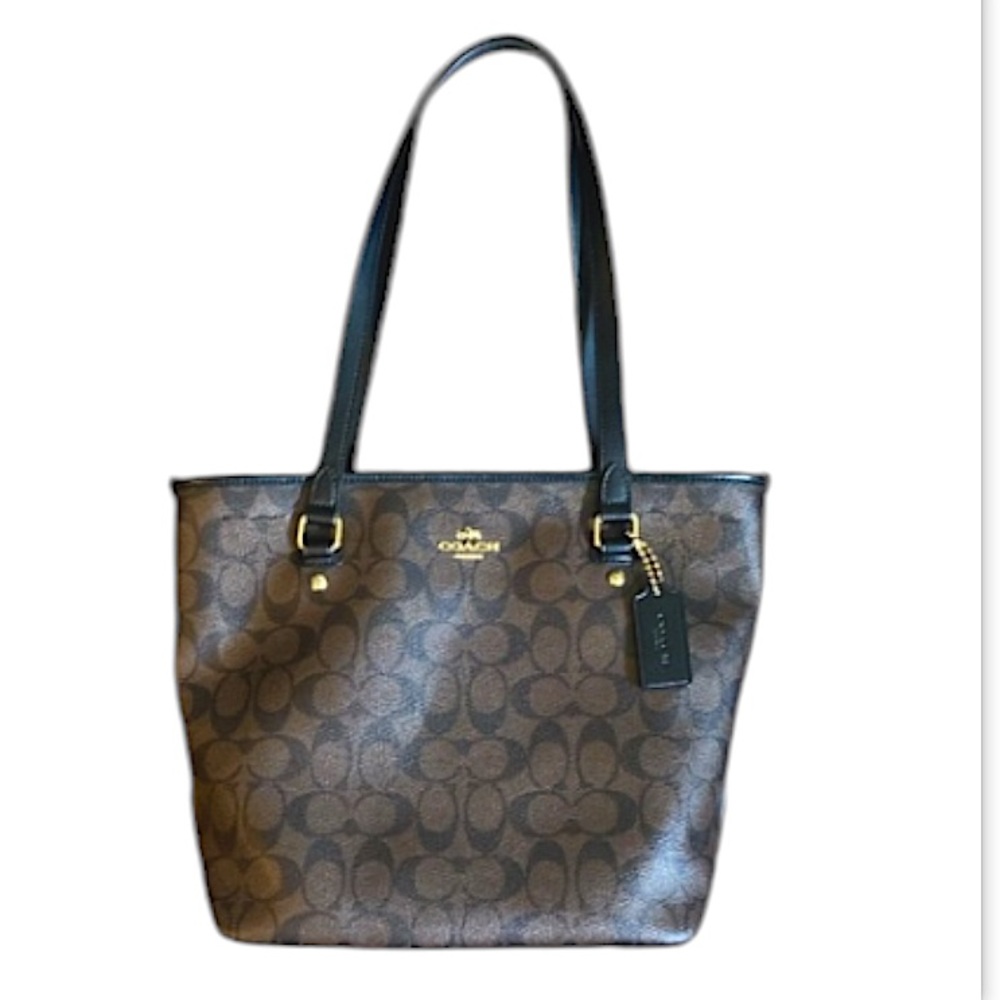 Coach None Zipper Signature F58294 Brown Black Tote